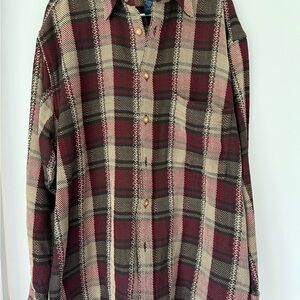OP Men's Burgundy, Cream & Black Plaid ButtonDown Flannel VTG 100%Cotton Large